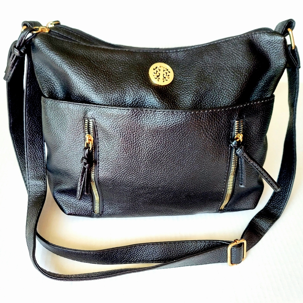 Genuine Leather Crossbody Bag, Black/Gold, Adjustable, Storage. Like NEW!!
